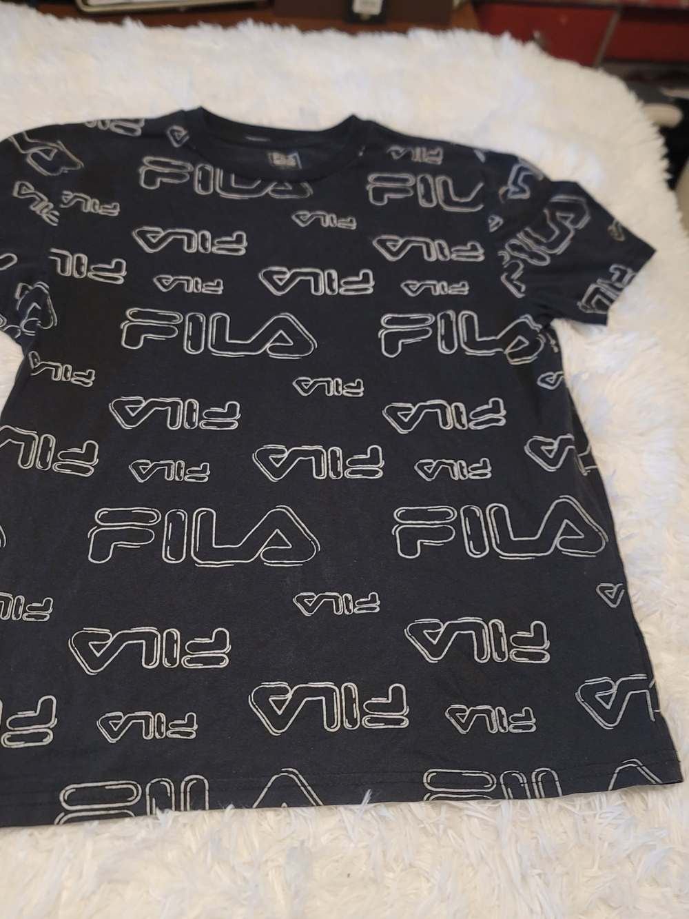 🔥3 For $25 Fila Black Tee with White Logo Allover Print Boys XL